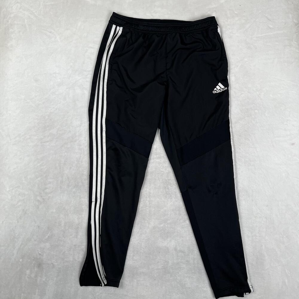 Adidas Track Pants Mens Large Black Climawarm Fleece Zip Hem 3 Stripe Athletic